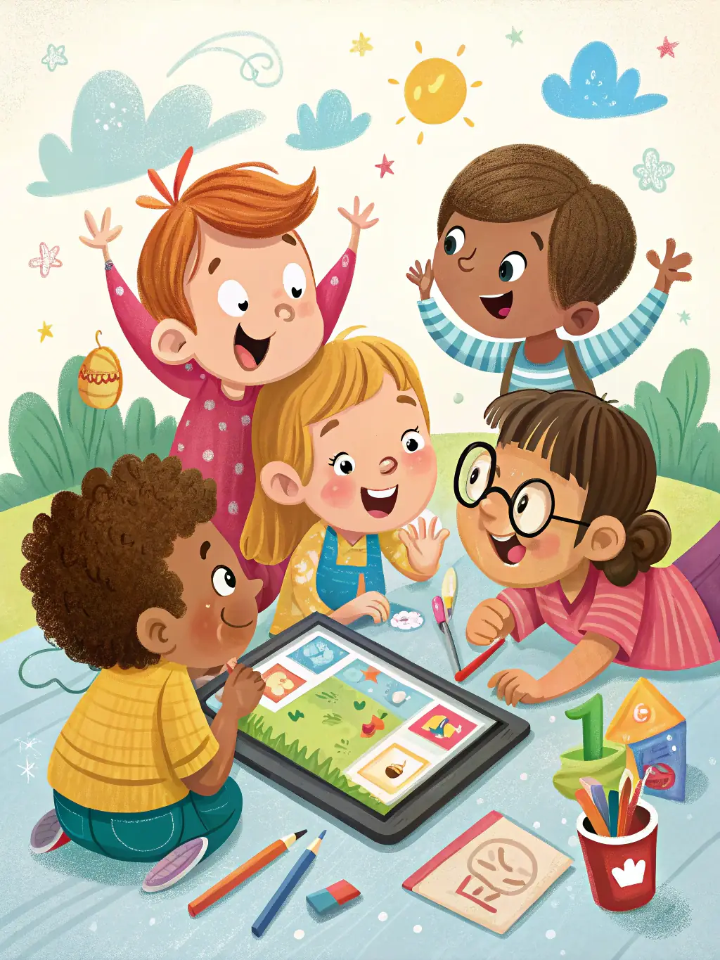 A vibrant and playful illustration of children interacting with educational games and AI tutors on tablets within the Rlyxa Kids platform.