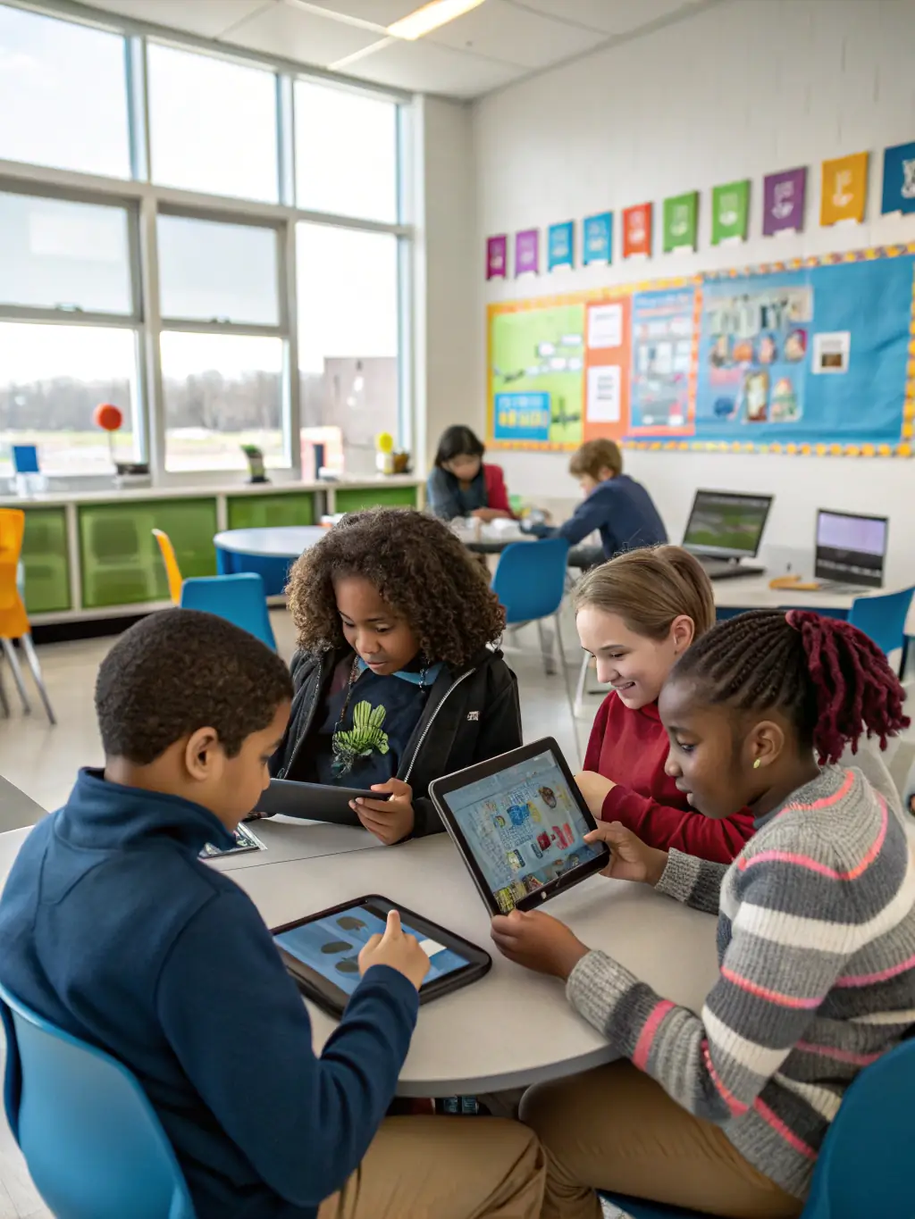 An image of diverse children happily using the Rlyxa Kids platform, showcasing its accessibility and inclusivity in providing educational content.