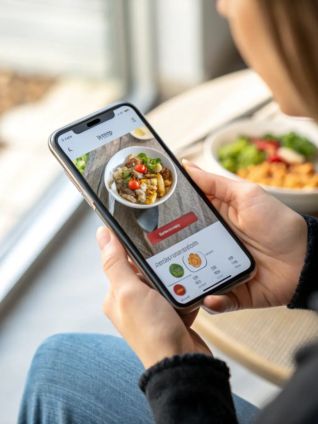 A person using a smartphone app showing personalized nutrition recommendations generated by AI, with healthy food options displayed on the screen.